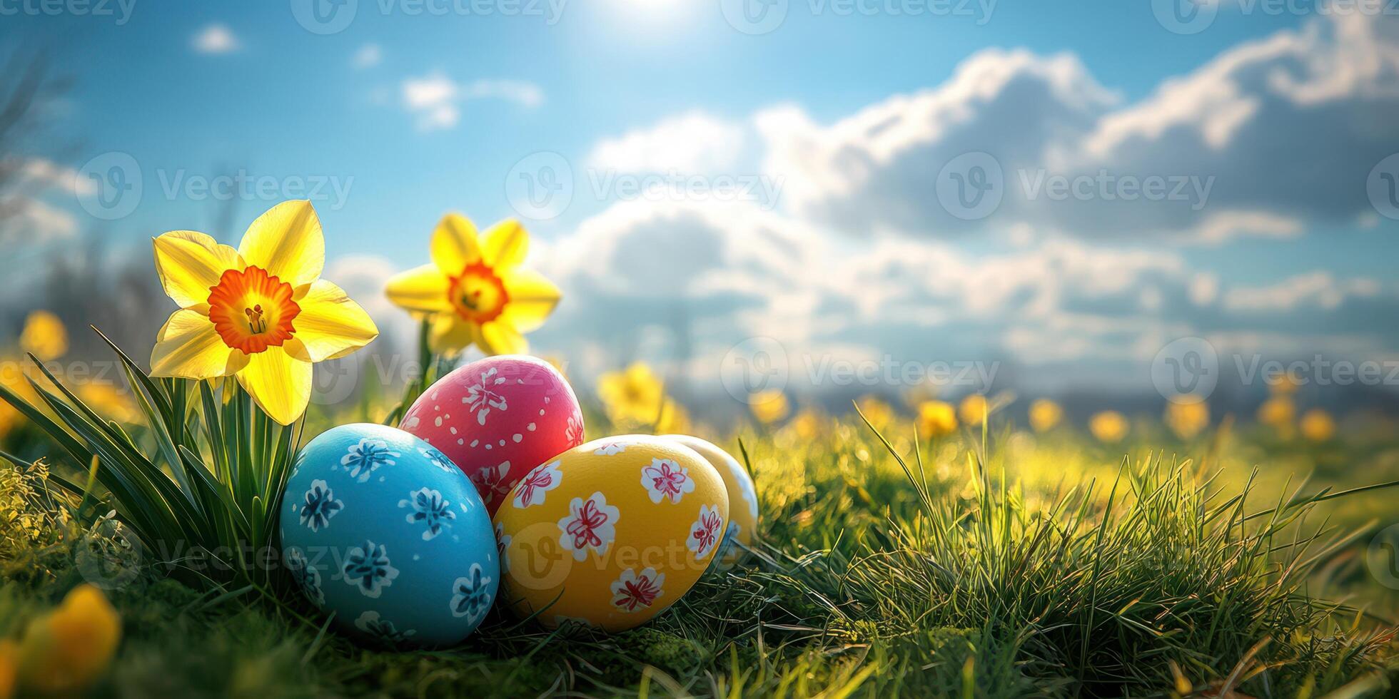 Colorful Easter eggs nestled among bright daffodils on a sunny day in a grassy field photo