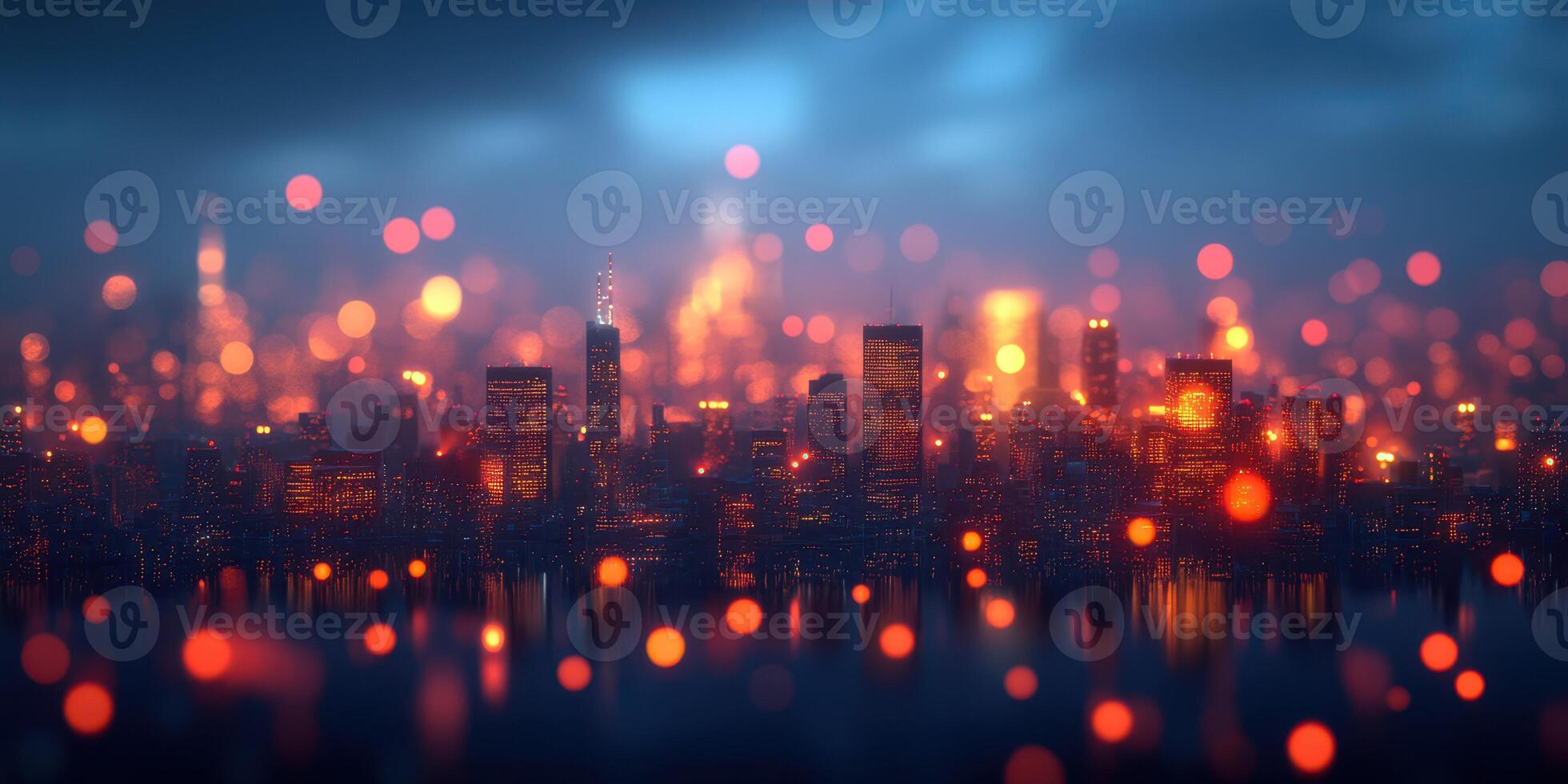 Vibrant city skyline illuminated by colorful lights at night reflecting on the water during a clear evening photo