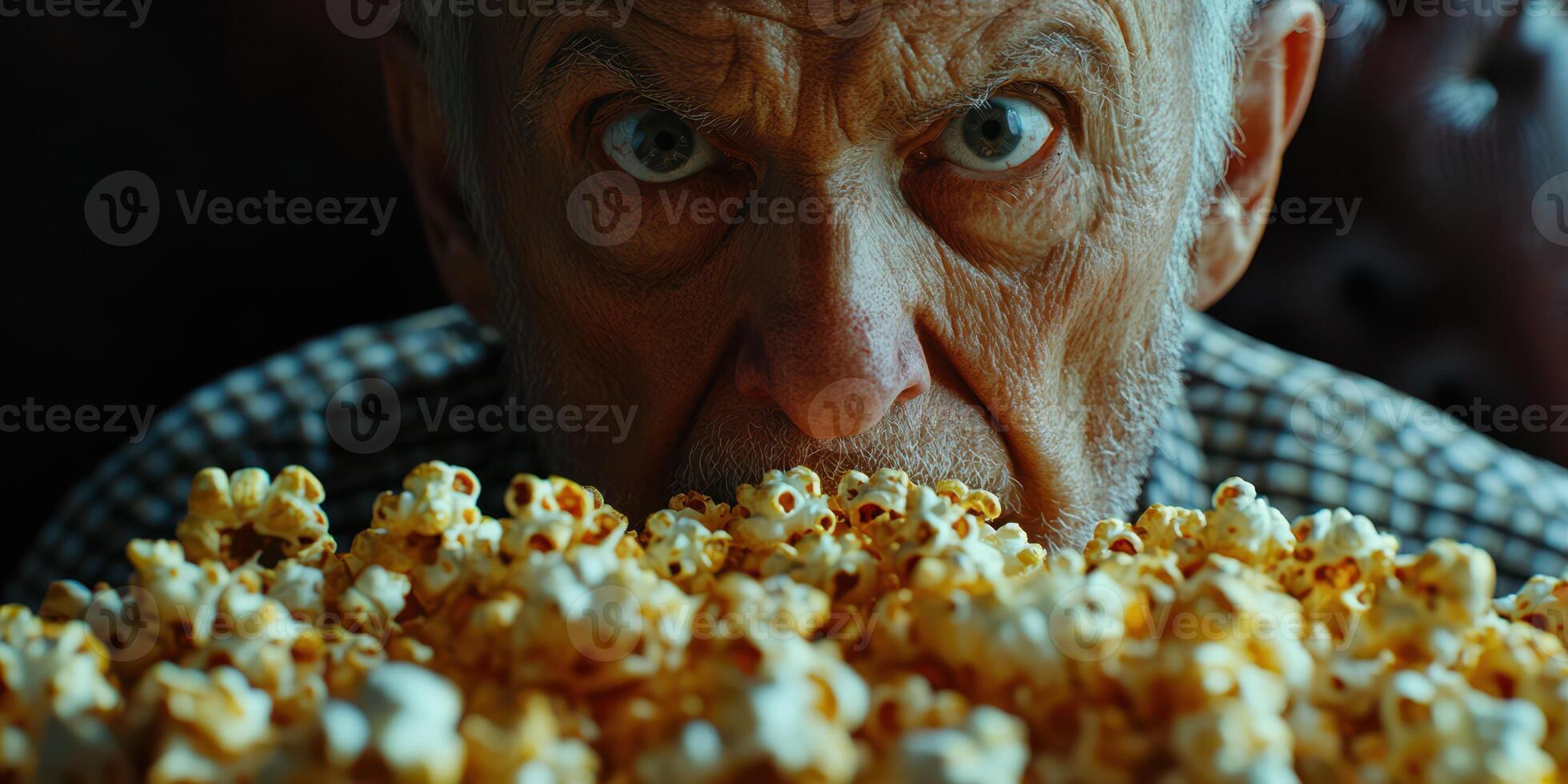 Elderly man intensely focused on a large bowl of popcorn during a movie night at home photo
