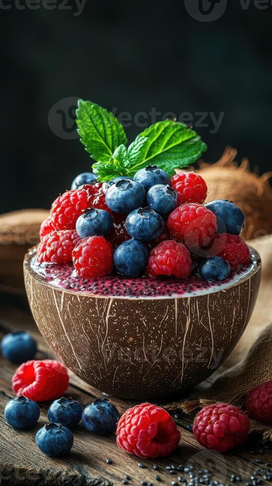 Delicious berry bowl with fresh raspberries and blueberries served in a coconut shell photo
