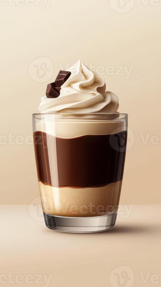 Creamy dessert cup layered with chocolate and coffee flavors topped with whipped cream photo