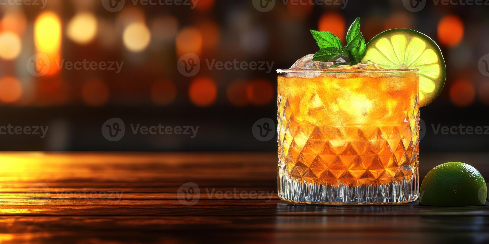 Refreshing cocktail with lime and mint served in a crystal glass at a cozy bar during the evening hours photo