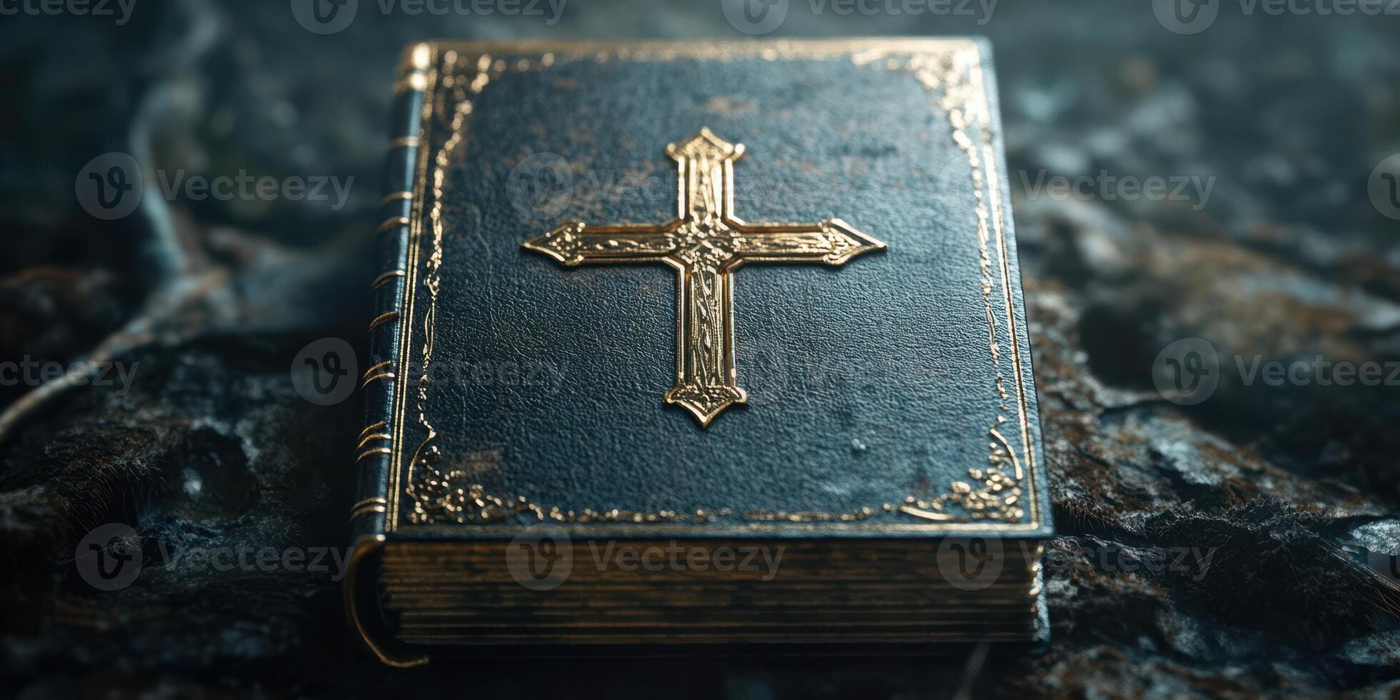 Decorative leather-bound book with a cross resting on a textured surface photo