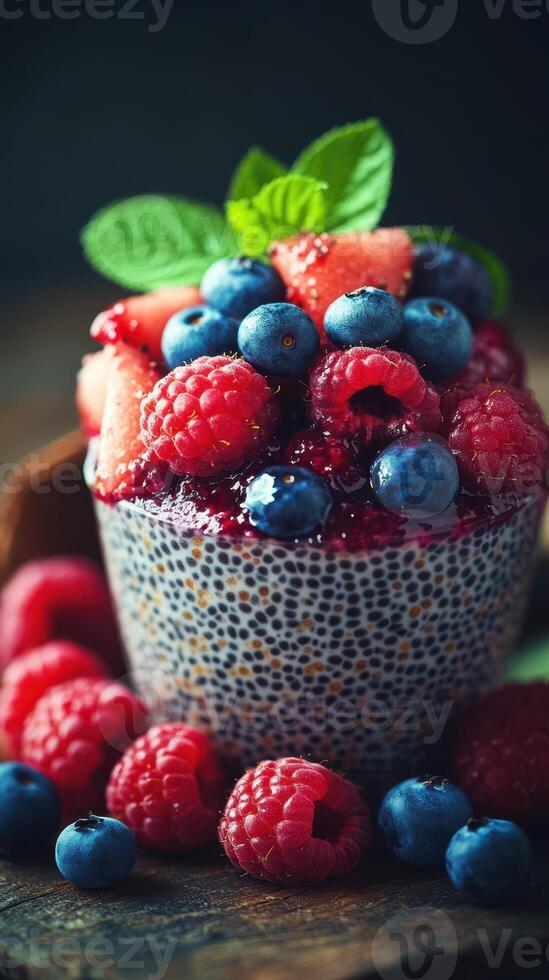 Vibrant bowl of chia seed pudding topped with fresh raspberries, blueberries, and mint leaves in a cozy setting photo
