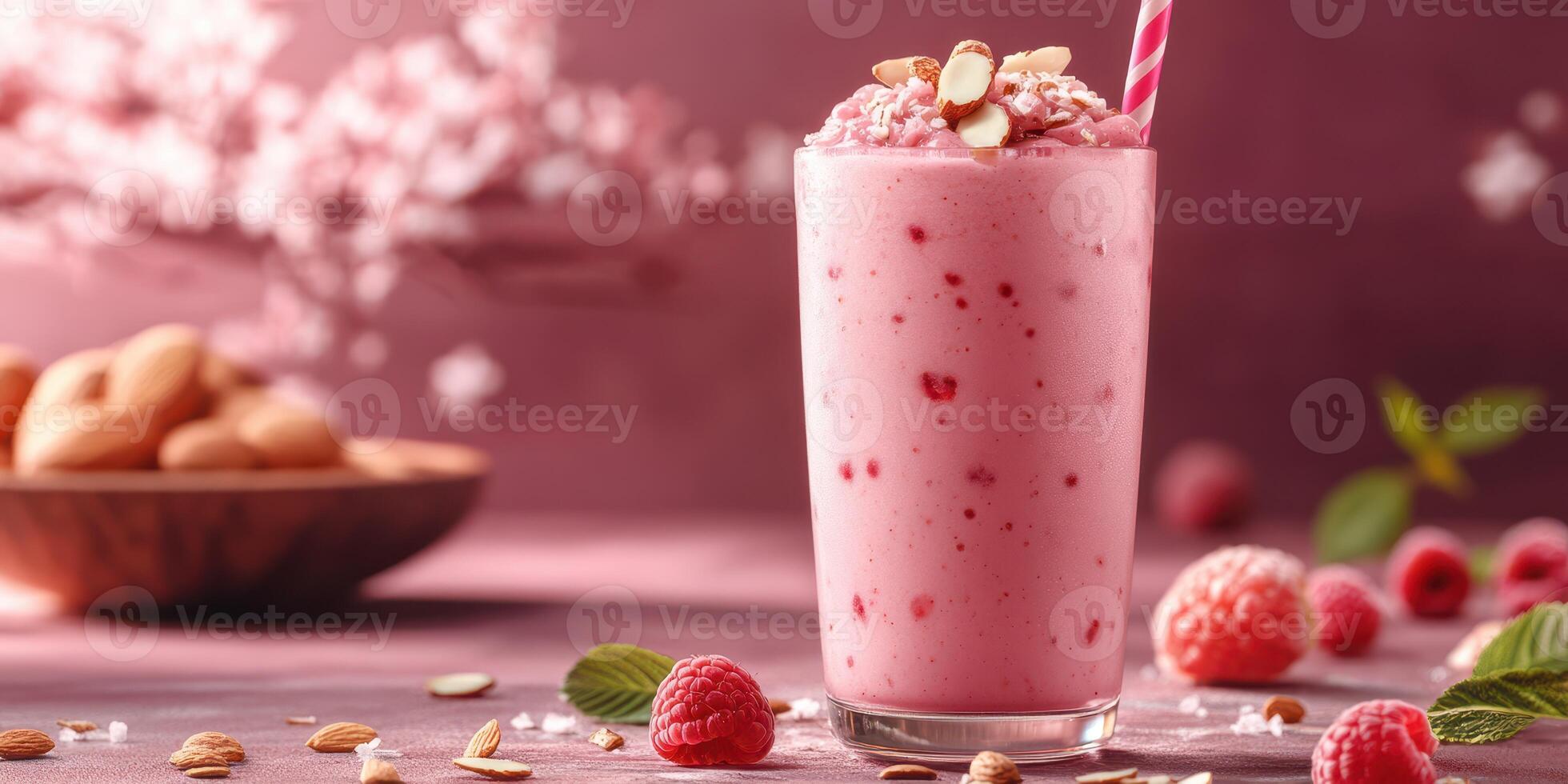 Refreshing raspberry almond smoothie served in a tall glass with pink decor and cookies on the side photo