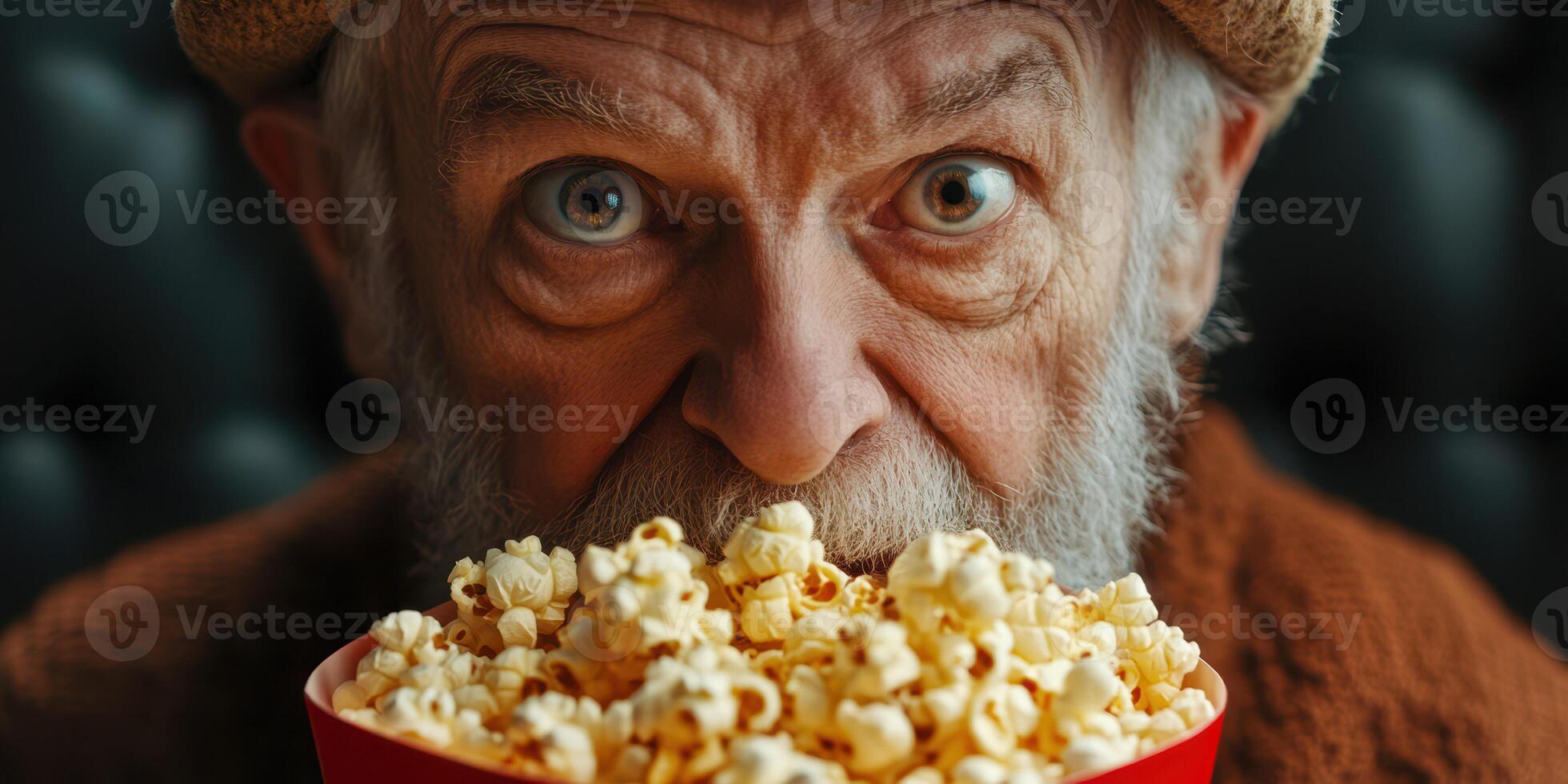 Elderly man enjoying popcorn while watching a movie at a cinema, with excited expression and full bowl in close-up photo