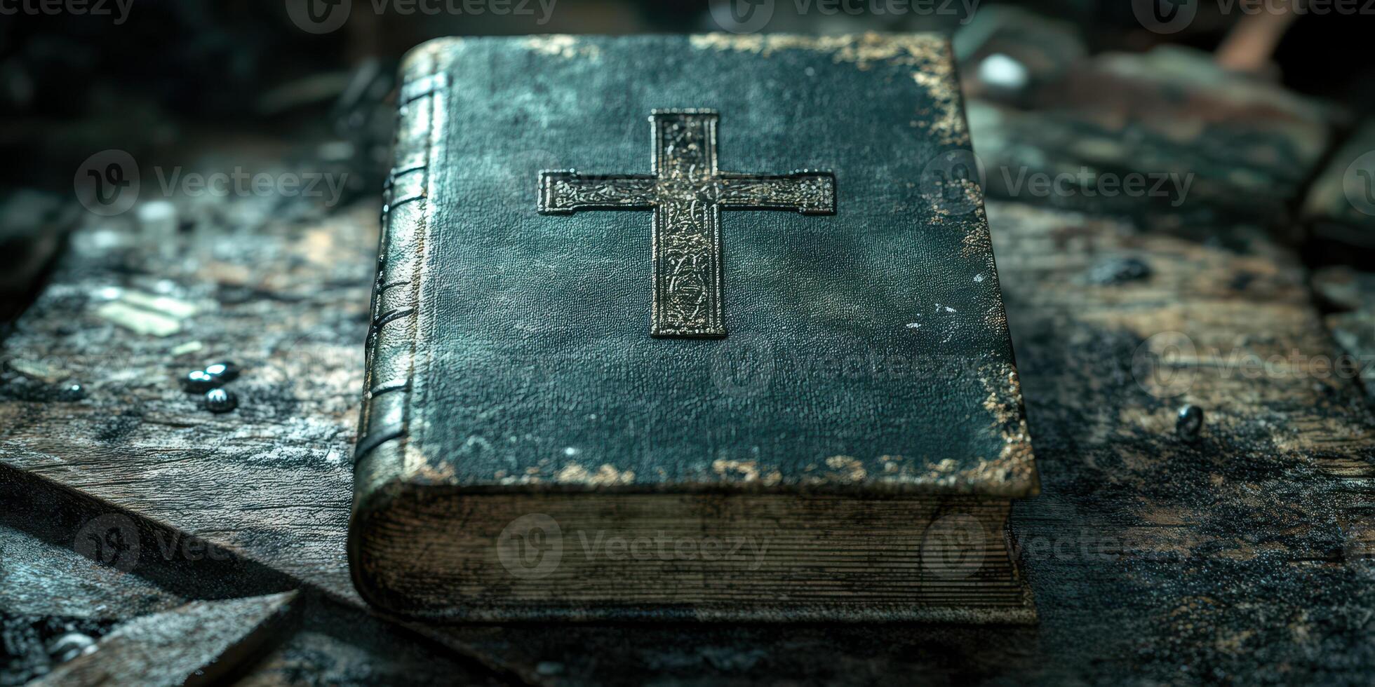 Historic leather-bound book resting on a weathered wooden surface with a cross emblem in a dimly lit environment photo