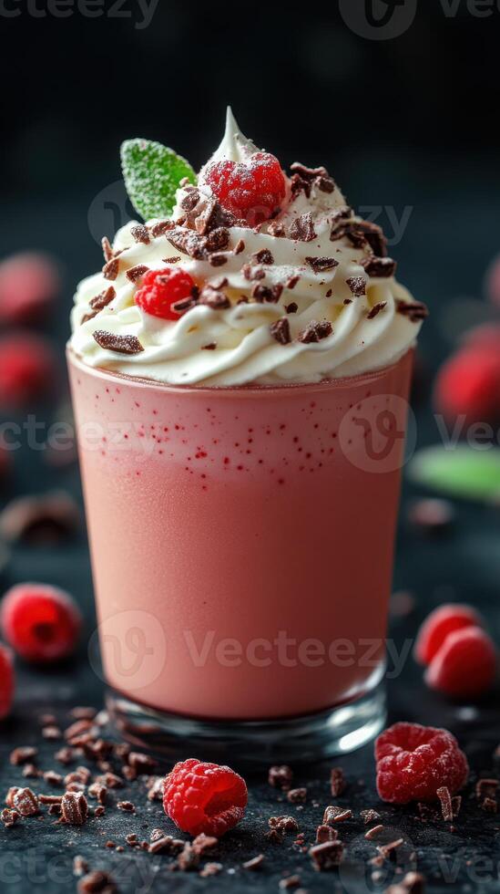 Delicious raspberry cream drink adorned with mint leaves and chocolate shavings served in a clear glass photo