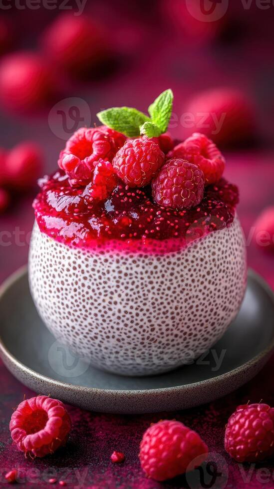 Delightful raspberry chia pudding served in a bowl for a delectable dessert experience photo