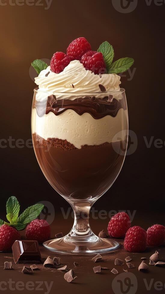Indulgent chocolate and raspberry dessert with layers of cream and mint garnish served in a glass photo