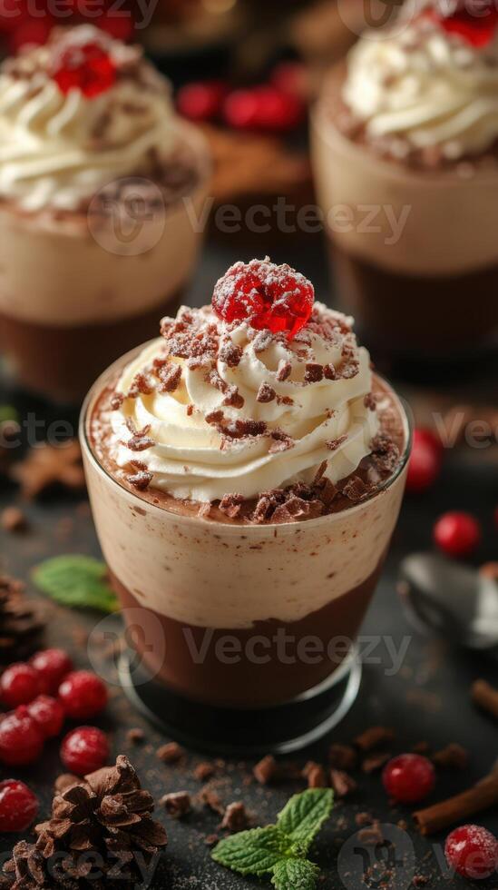 Indulgent dessert featuring rich chocolate mousse topped with cream and cherry photo