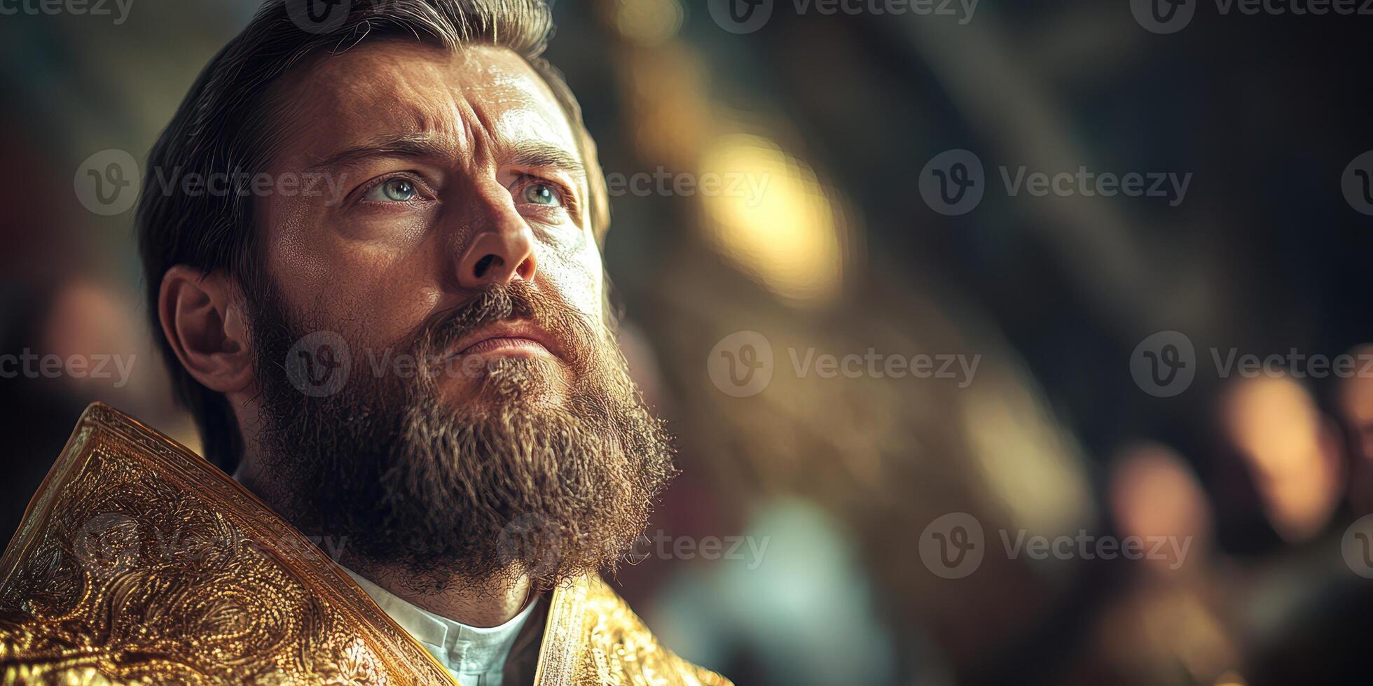 Man in ornate robe gazing upward with a thoughtful expression in a historic setting photo