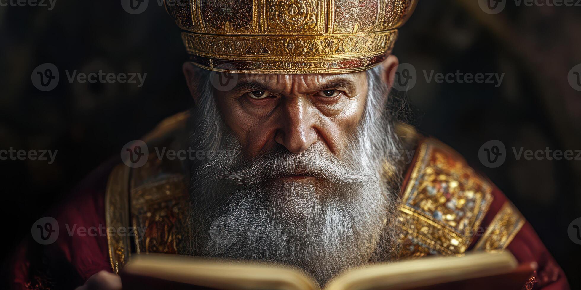Portrait of a wise elder reading ancient texts in a dimly lit setting with rich colors and intricate details photo