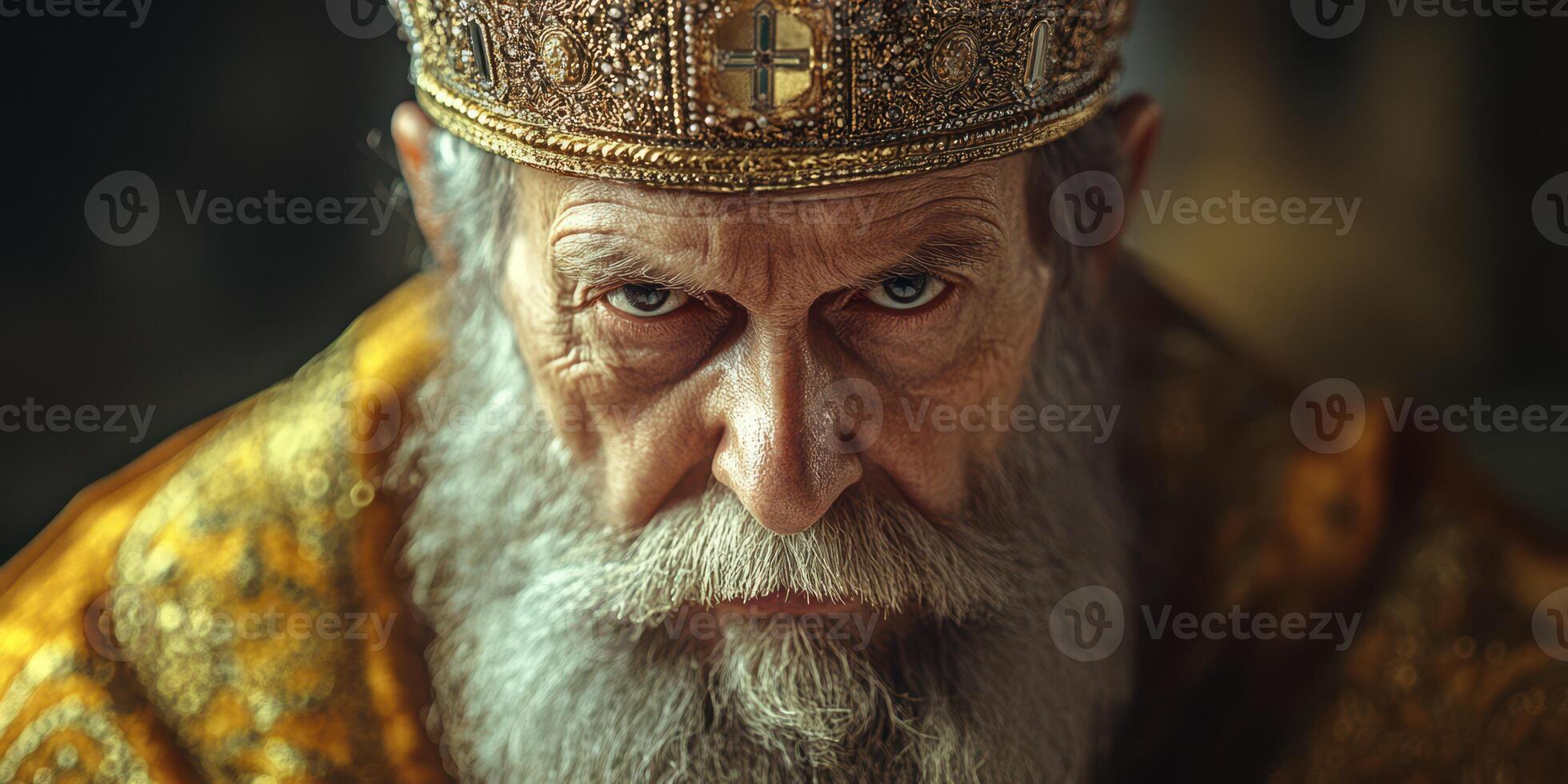 Senior man wears ornate crown and robe, expressing authority in a historical setting with deep cultural significance photo
