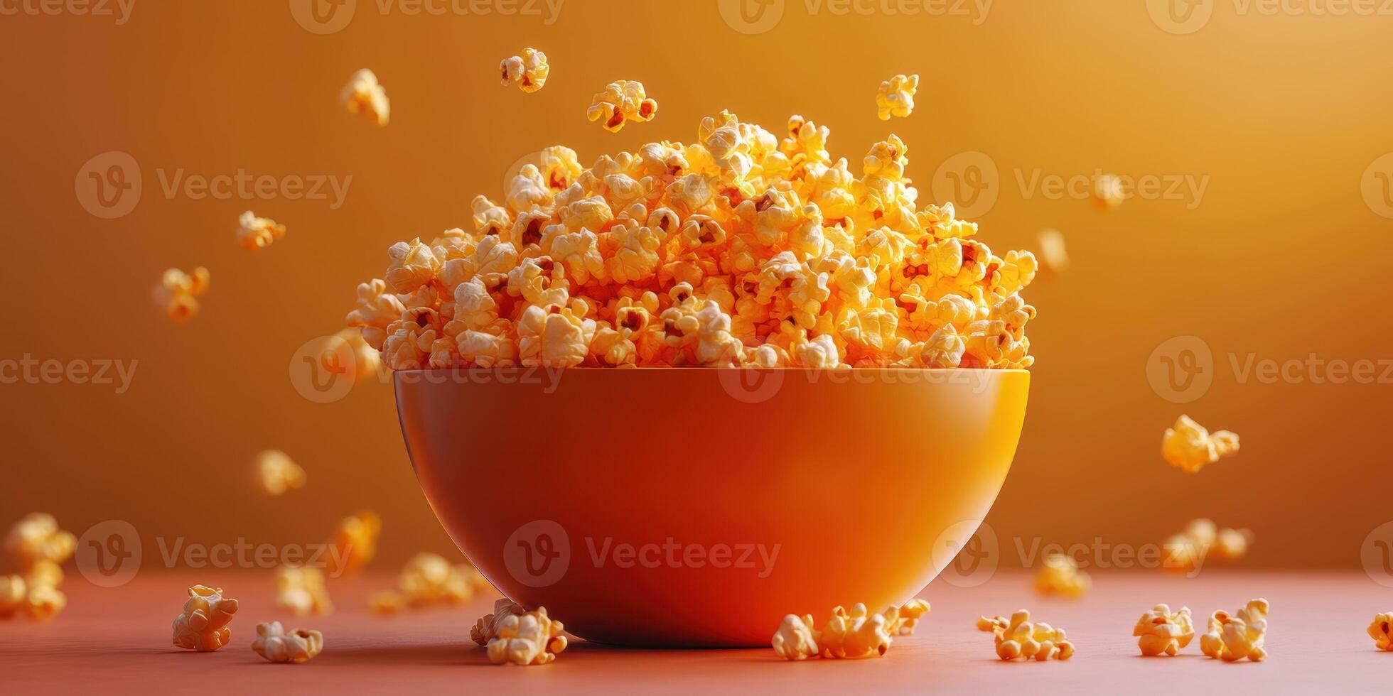 Freshly popped popcorn spills from a bowl, capturing the joy of snack time photo