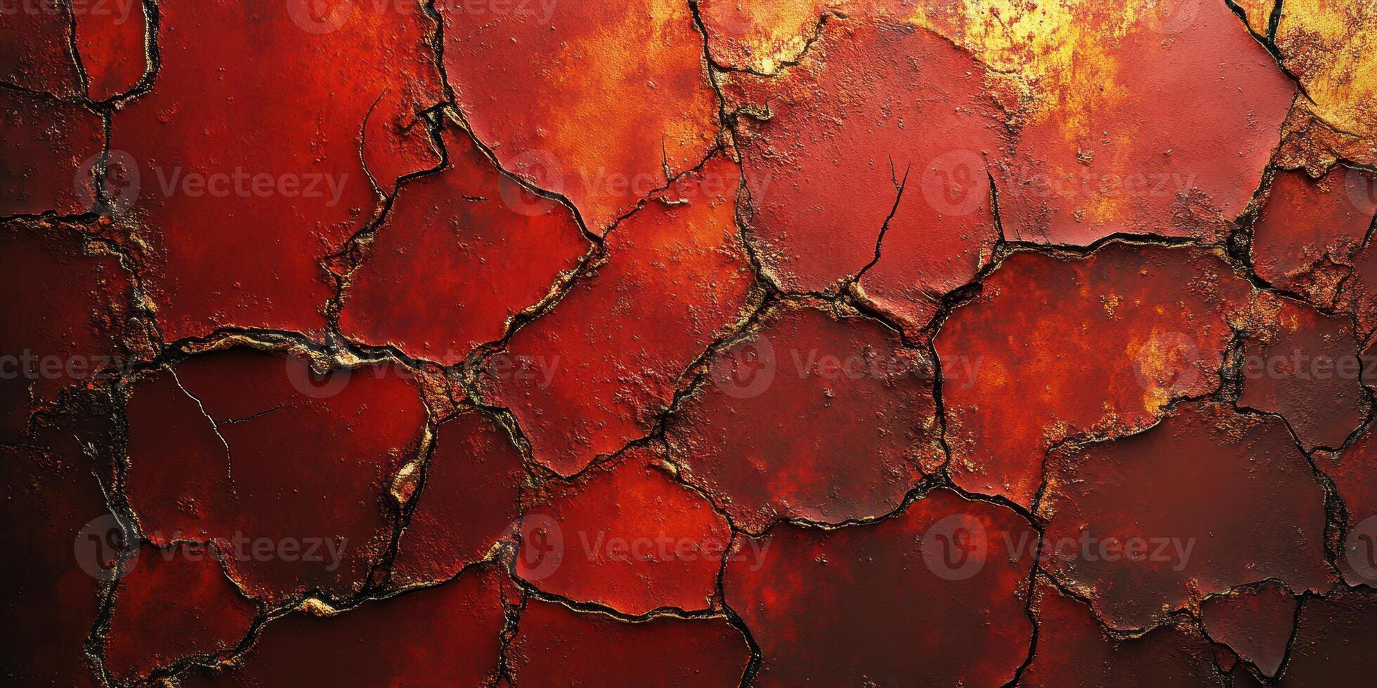 Textured surface displaying cracked, dried earth tones in vibrant red and orange shades under warm lighting photo