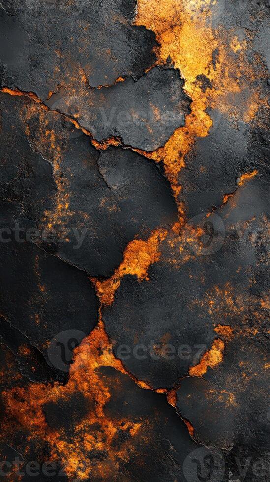 Abstract texture showcasing vibrant orange and black colors resembling molten lava and charred earth photo