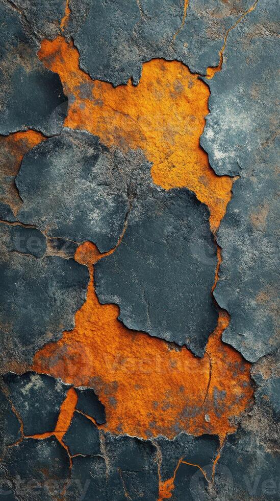 Cracked surface revealing orange highlights against a dark backdrop in an urban setting photo