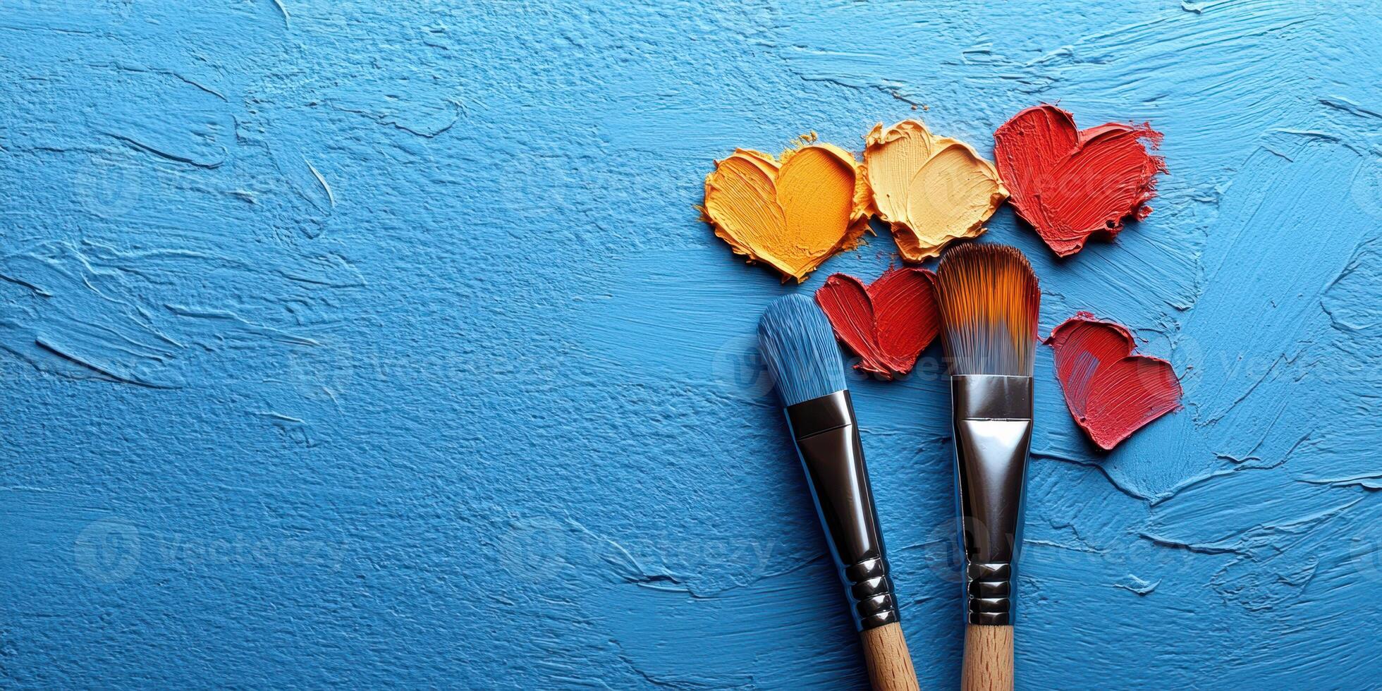 Creative art tools arranged with colorful heart shapes on a blue textured background in a vibrant artistic workspace photo