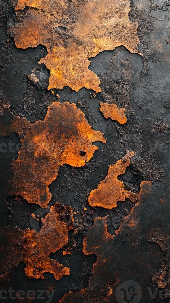Rusty metal surface with vibrant orange and dark textures reveals age and decay in abstract art form photo