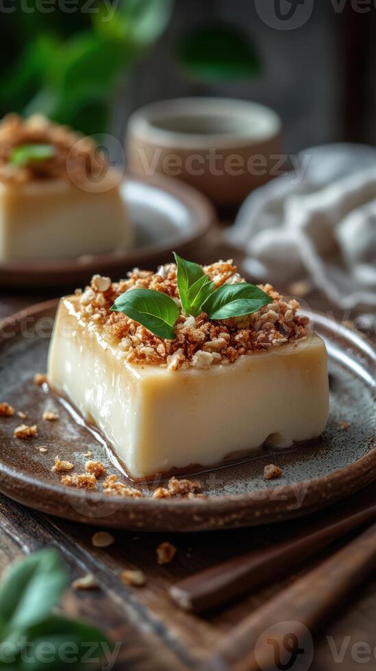 Delicious dessert presented on a rustic plate with toppings and fresh herbs in a cozy setting photo