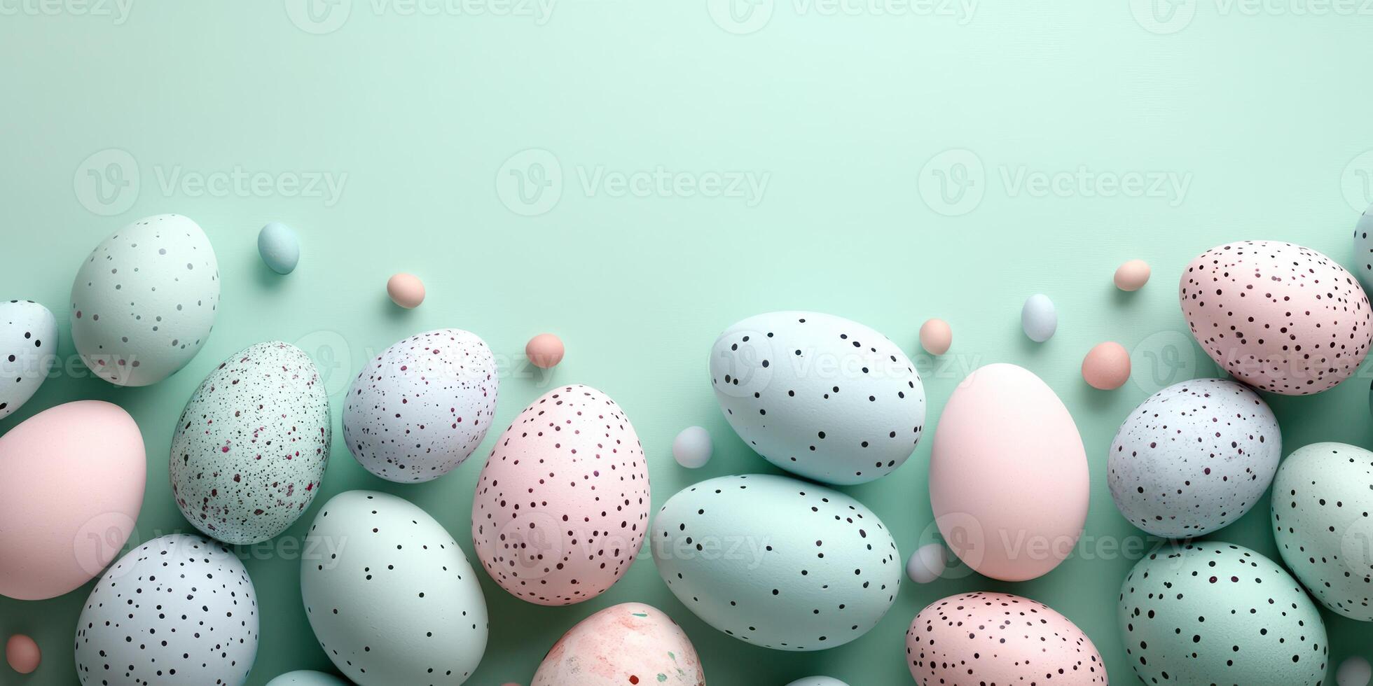 Decorative Easter eggs arranged on a mint green background for festive celebrations and spring festivities photo