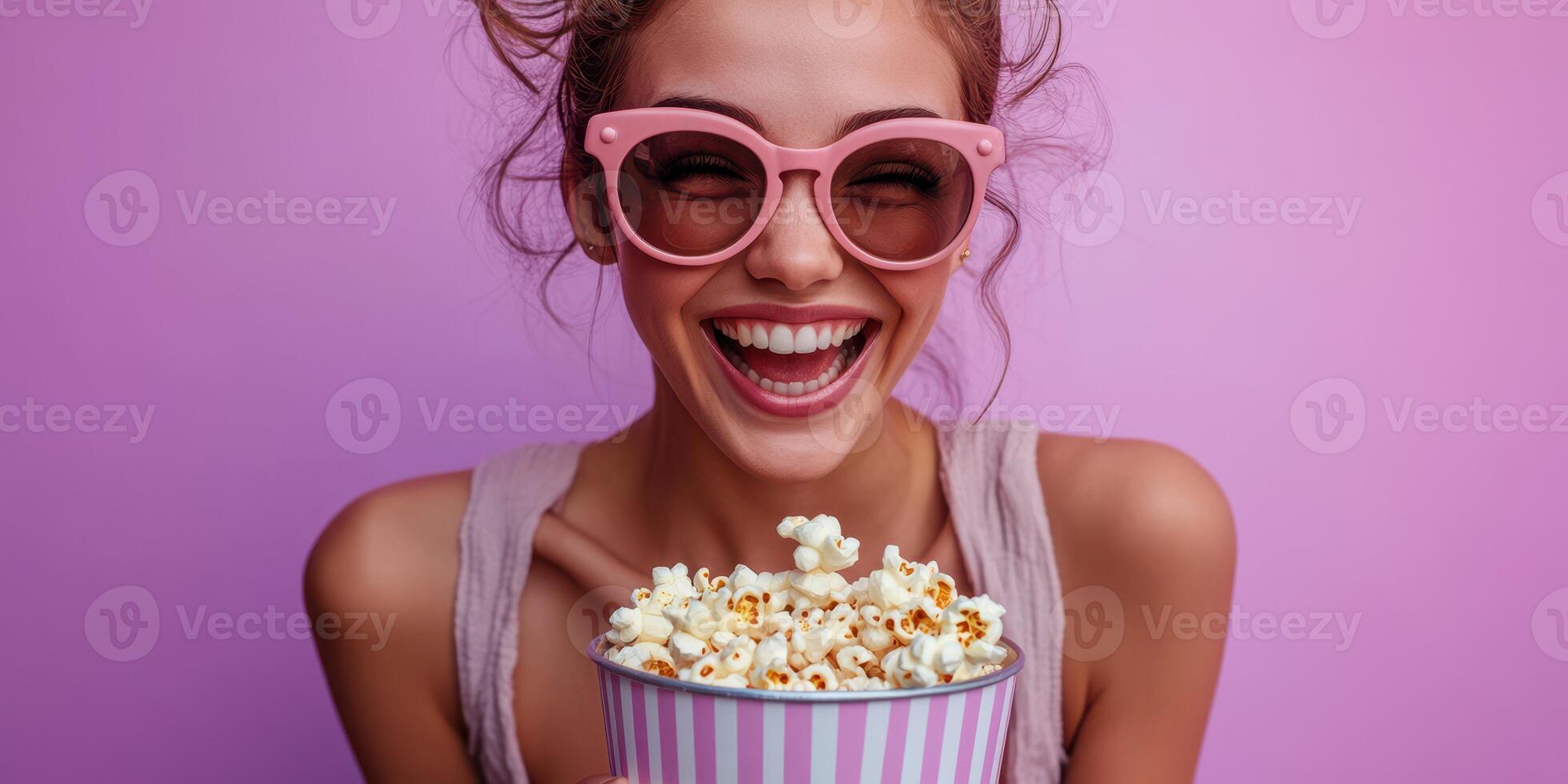 Smiling woman enjoying popcorn against a vibrant purple background at a casual gathering photo