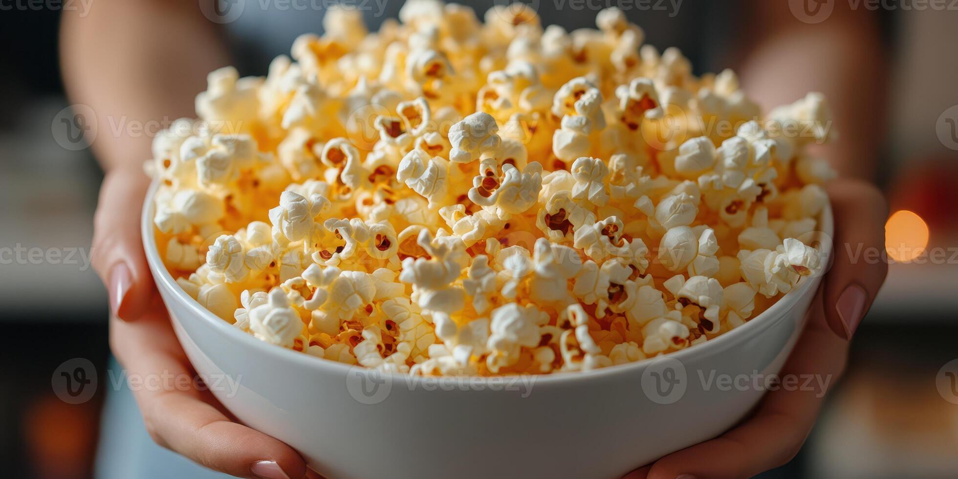 Freshly popped popcorn served in a large bowl held by hands in a cozy kitchen setting during a movie night photo