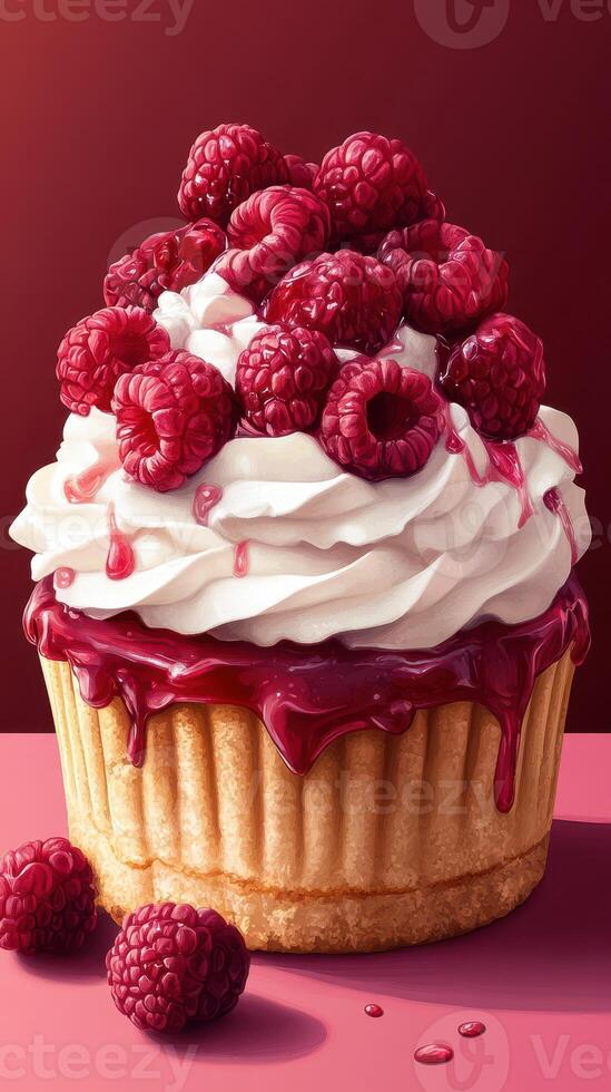 Delicious raspberry cupcake topped with whipped cream and raspberry sauce on a pink background photo