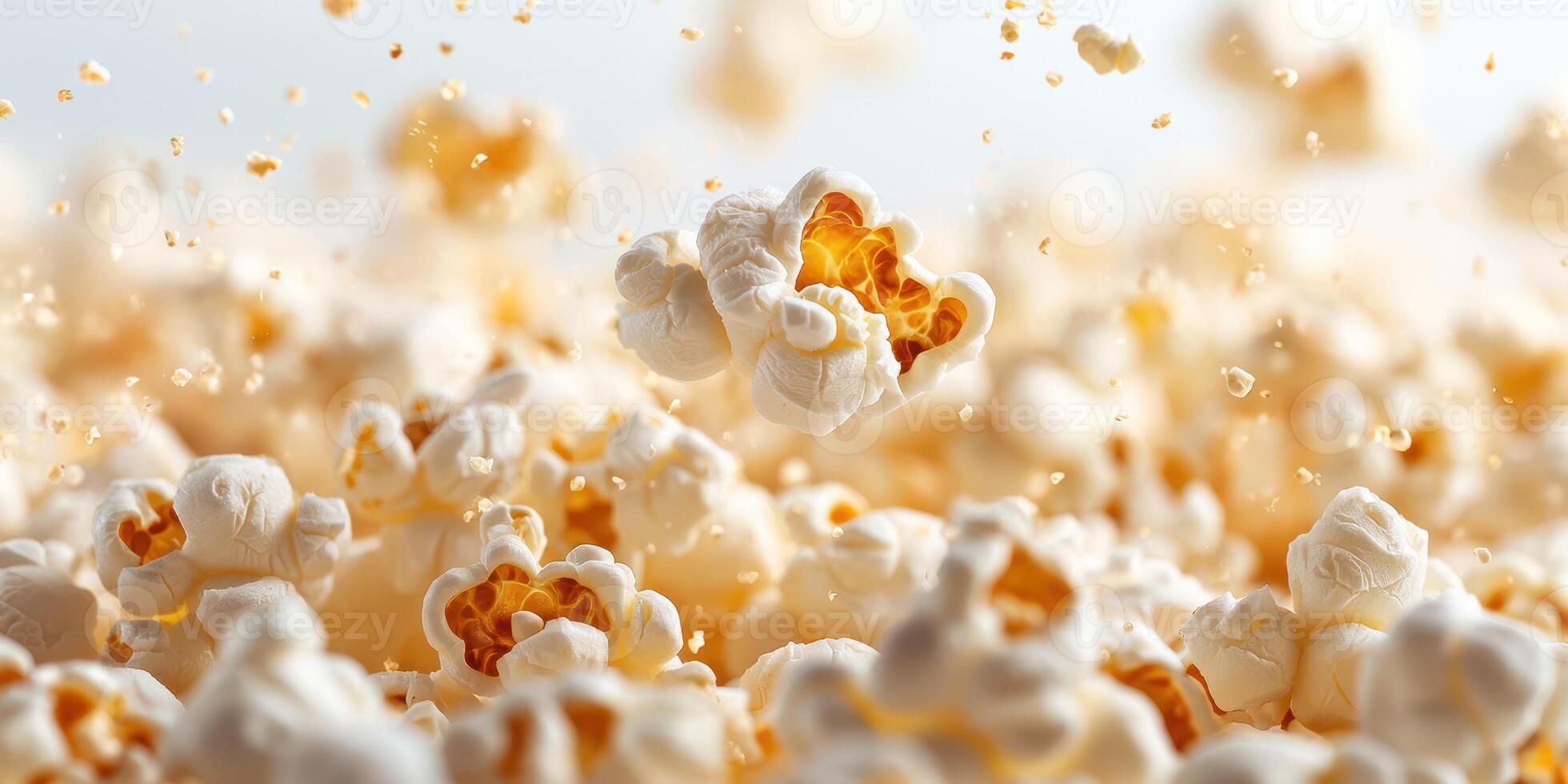 Delicious popcorn kernels popping in the air during a fun movie night snack preparation photo