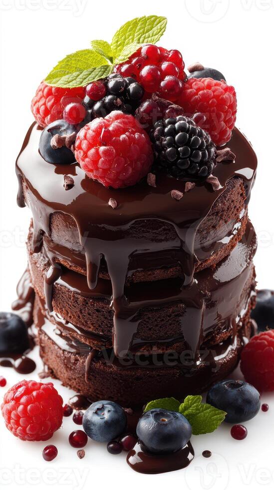 Indulgent chocolate cake layered with fresh berries served as a decadent dessert photo