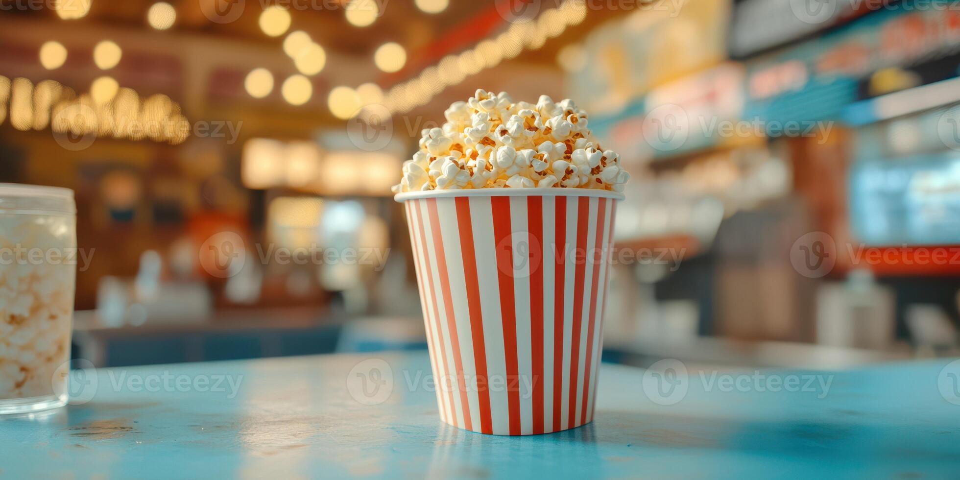 Freshly popped popcorn served in a striped cup at a vibrant movie theater concession stand photo