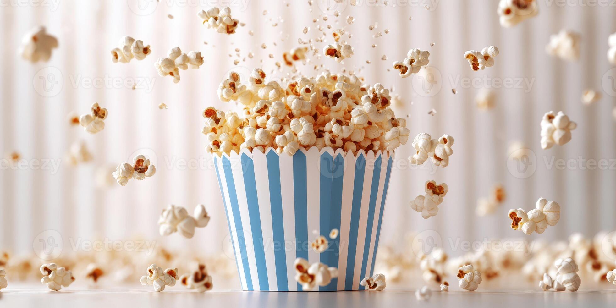 Freshly popped popcorn flying from a blue and white striped container on a light background photo