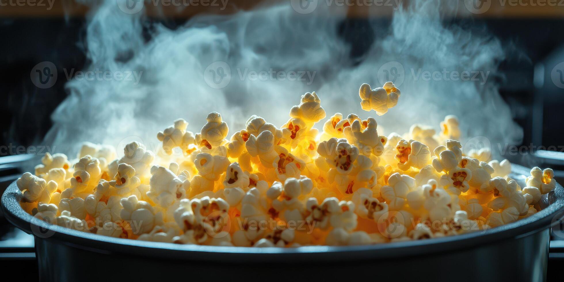 Freshly popped popcorn bursts with flavor and steam in a kitchen setting during movie night photo