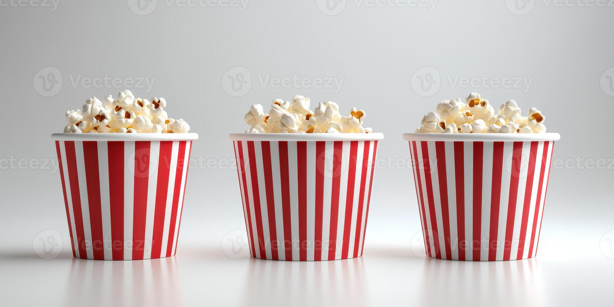 Containers filled with popcorn in red and white stripes on a plain surface ready for a movie night photo