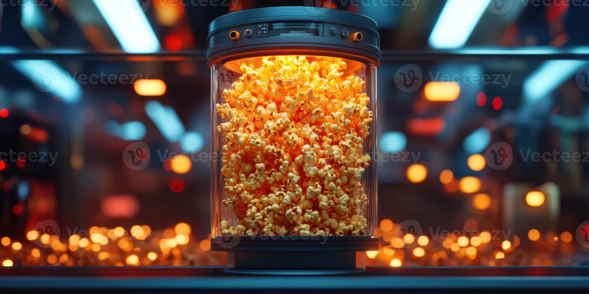 Popcorn machine displays freshly popped corn in a modern setting with vibrant lights photo