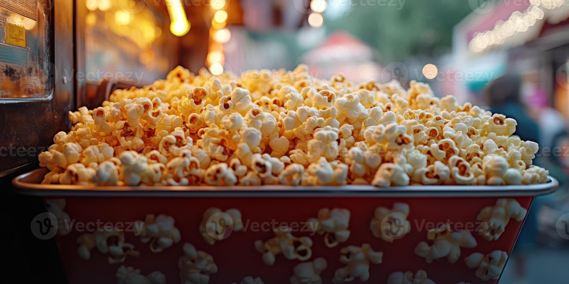 Freshly popped popcorn at a bustling fairground during the evening hours photo