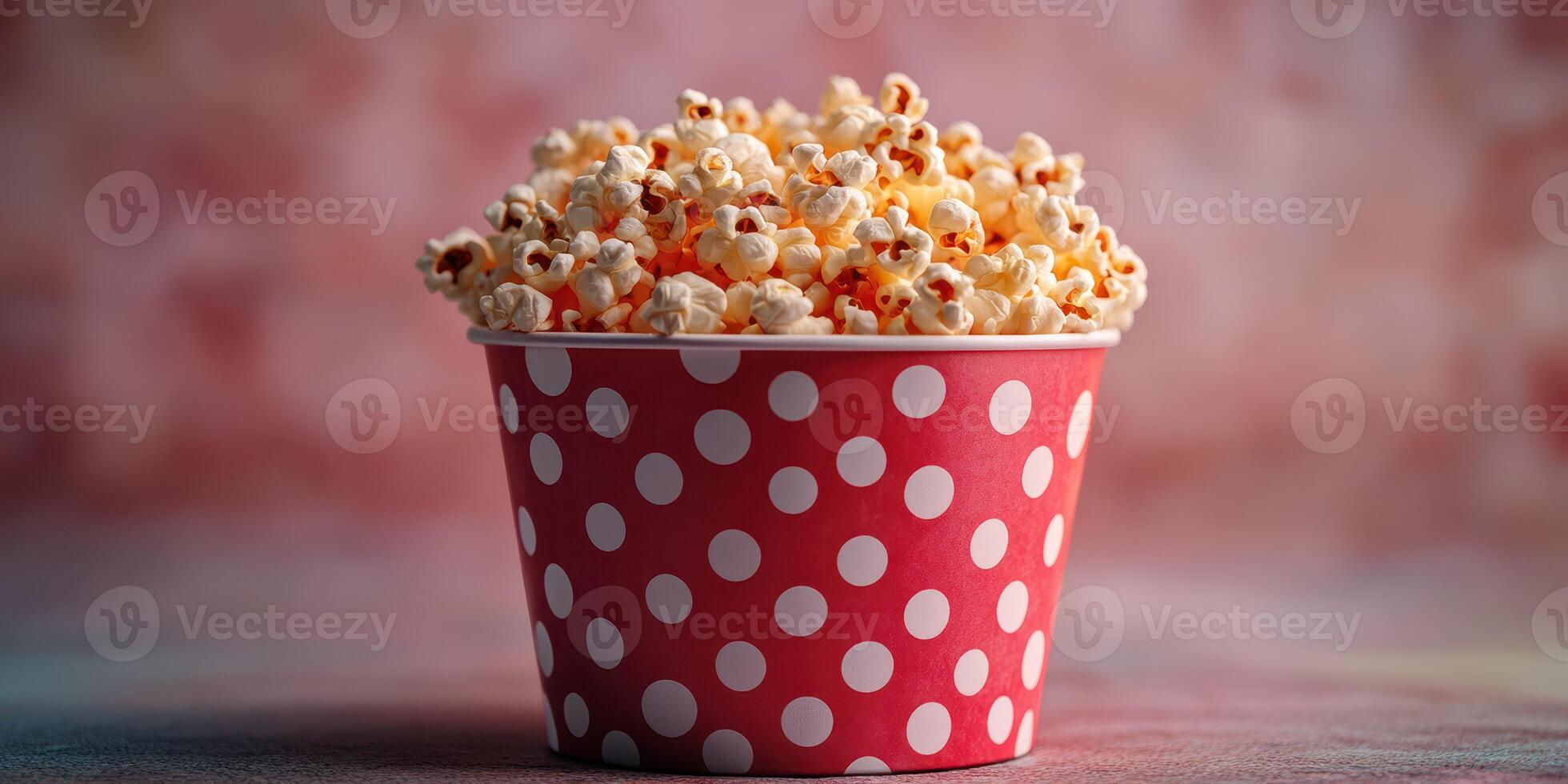Freshly popped popcorn in a red polka dot cup on a vibrant background ready to be enjoyed during movie night photo