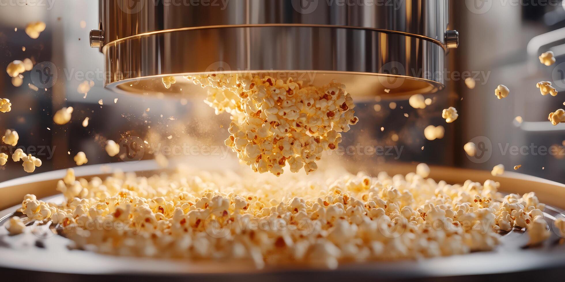 Freshly popped popcorn cascading from a machine in a bright kitchen during a movie night preparation photo
