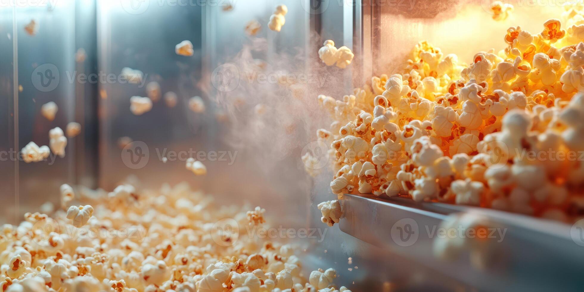 Freshly popped popcorn spills from the machine in a bustling movie theater during an evening screening photo
