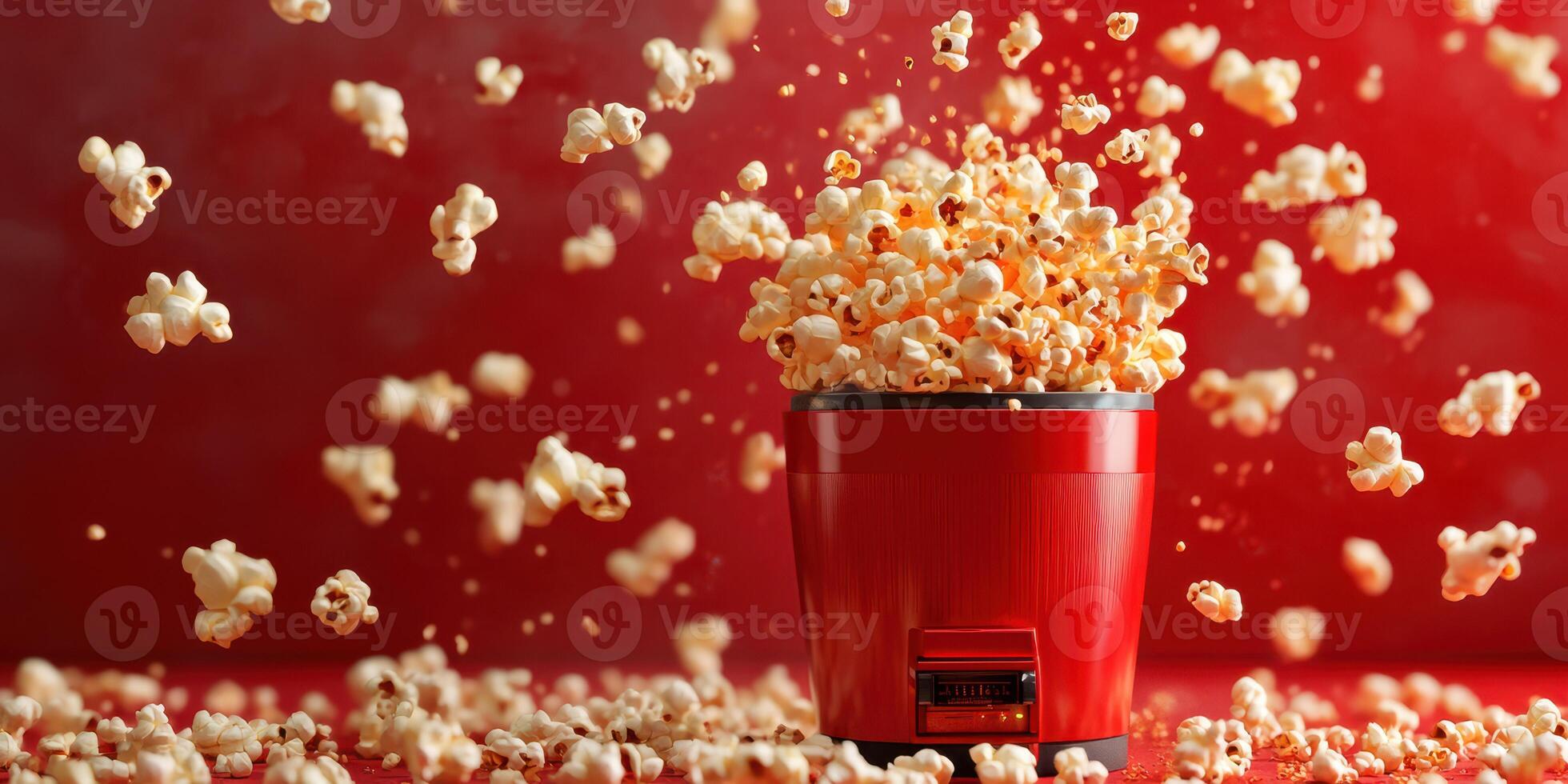 Popcorn bursts from a red machine, creating a playful and dynamic display in a warm setting photo