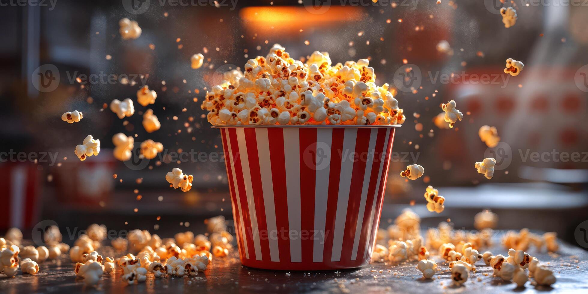 Popcorn is flying out of a striped bucket in a movie theater concession stand setting photo