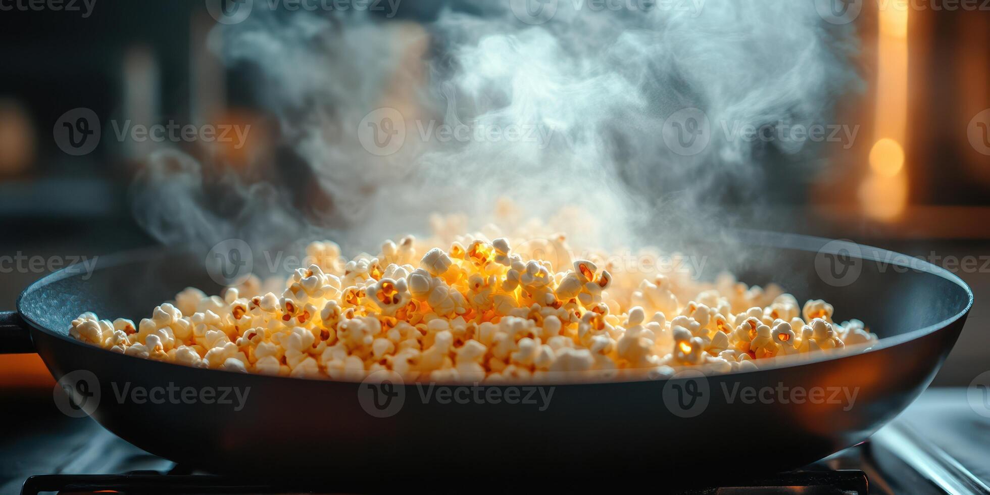 Freshly popped popcorn sizzling on the stove with steam rising in a cozy kitchen setting during evening hours photo