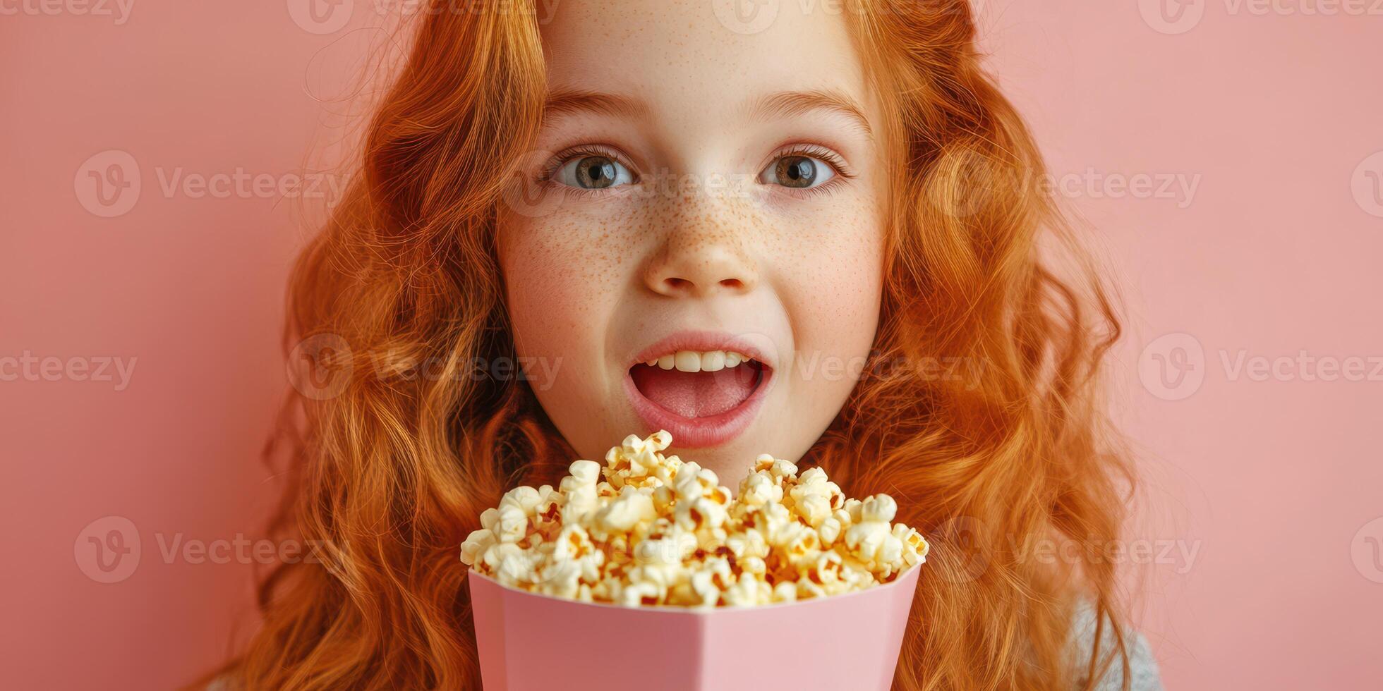 Young girl enjoying a large bowl of popcorn against a pink background, radiating joy and excitement during a fun snack time photo