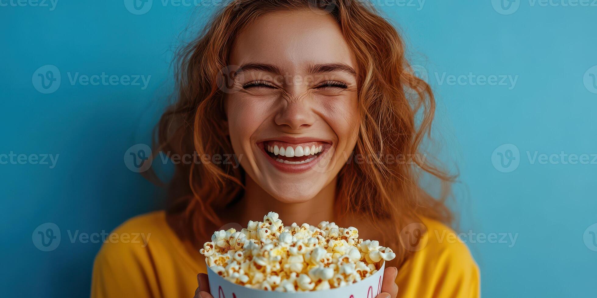 Laughter and joy as a young woman enjoys a bowl of popcorn against a blue background photo
