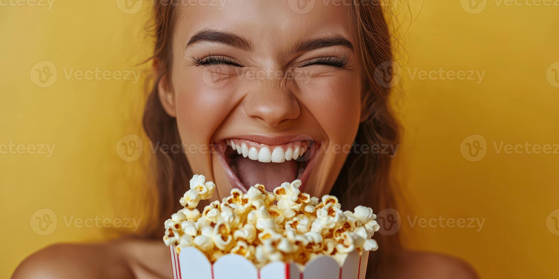 Young woman enjoys popcorn with a joyful expression against a vibrant yellow background photo