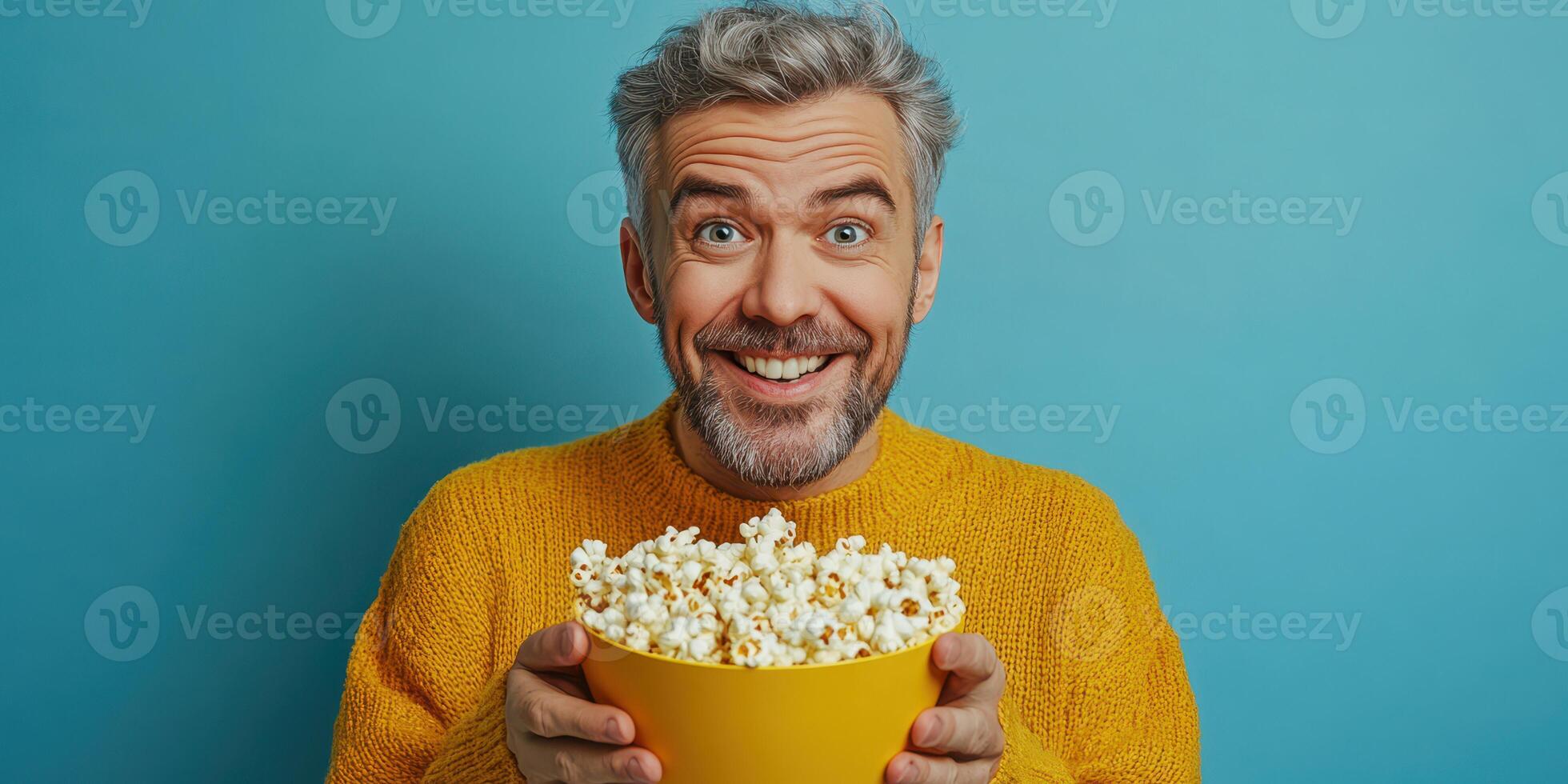 Cheerful man holding a bowl of popcorn in a brightly colored setting while enjoying a moment of relaxation photo