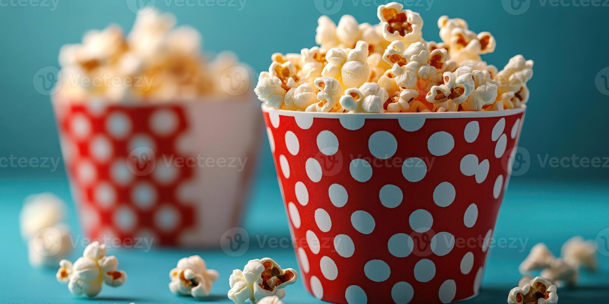 Freshly popped popcorn served in colorful polka dot containers against a vibrant blue backdrop photo