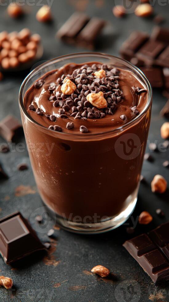Rich chocolate mousse topped with chocolate chips and hazelnuts garnished on a dark surface photo