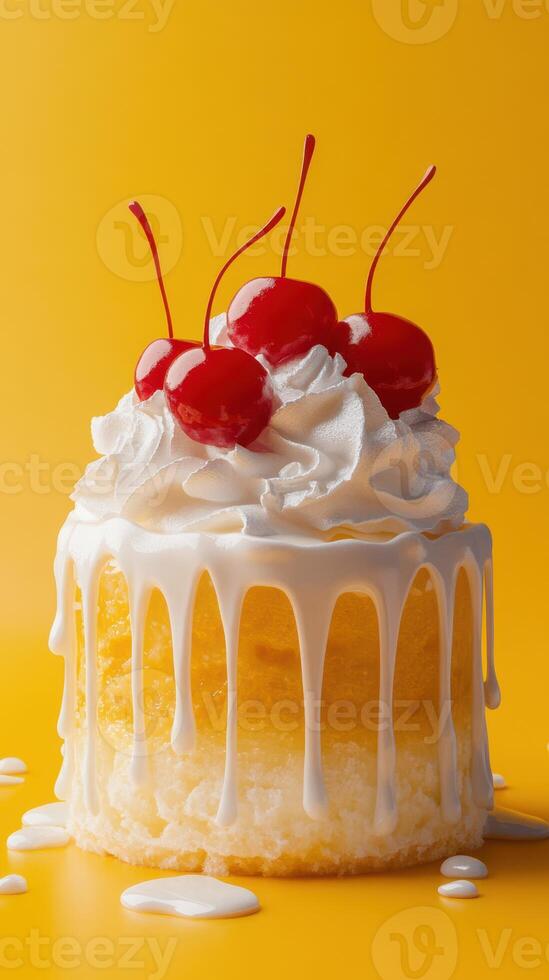 Delicious cake topped with whipped cream and cherries on bright yellow background photo
